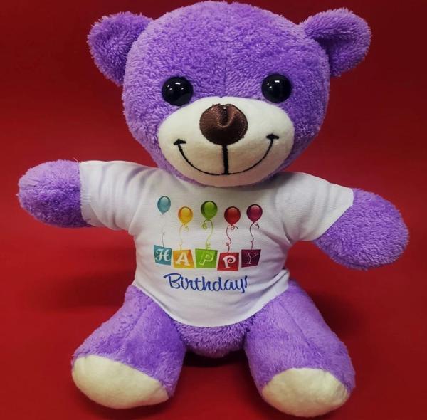 Happy Birthday Tişörtlü Peluş Mor Ayıcık - Image 1