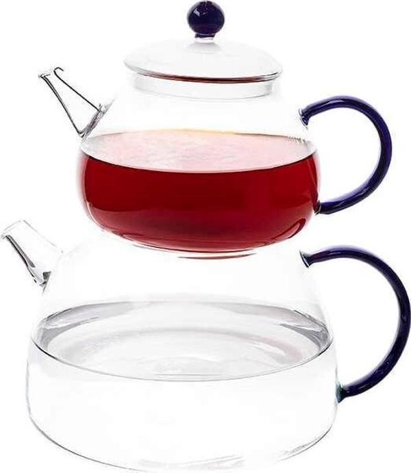 Tantitoni Borosilikat Mavi Kulplu Cam Çaydanlık Takımı 810ml 1870ml  - Image 1