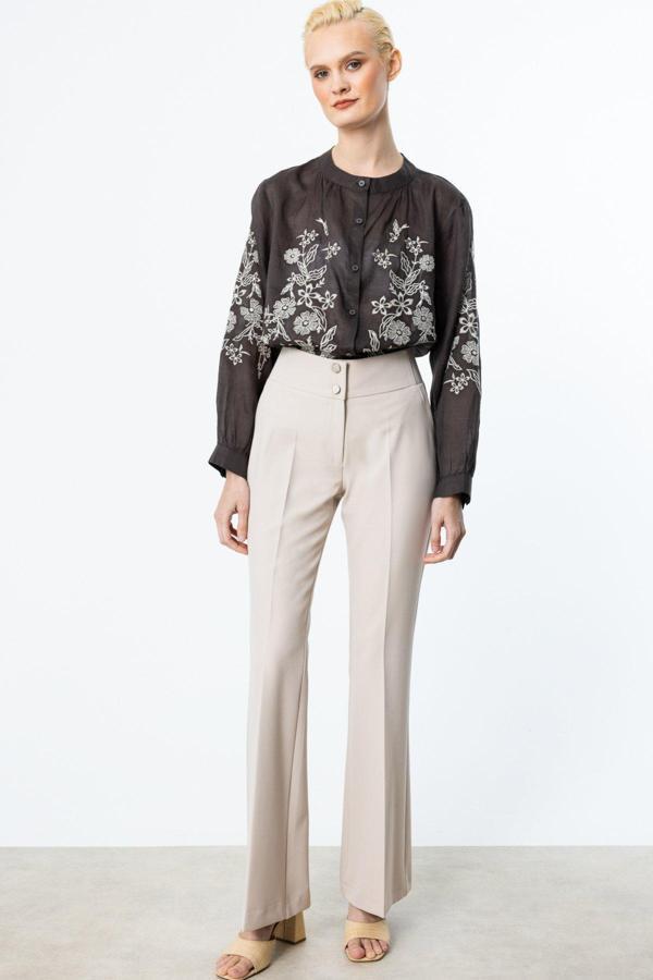 Ekol Kadın Beli Kalın Lastikli İspanyol Paça Pantolon 2092 Bej - Image 1