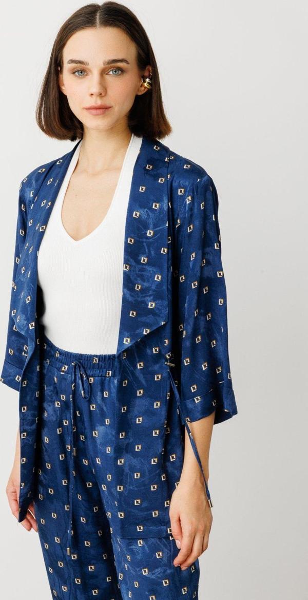 Ekol Kadın Beli Bağcıklı Desenli Ceket 4242 Lacivert - Image 1