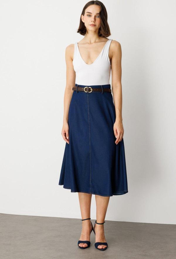 Ekol Kadın Beli Kemerli Midi Etek 1048 Indigo - Image 1