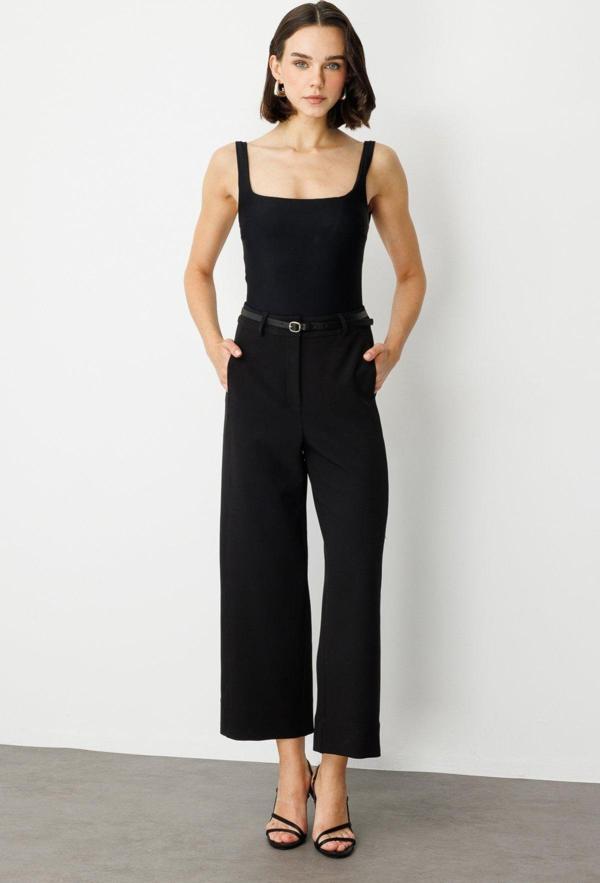 Ekol Kadın Beli Kemerli Bol Paça Pantolon 2150 Siyah - Image 1
