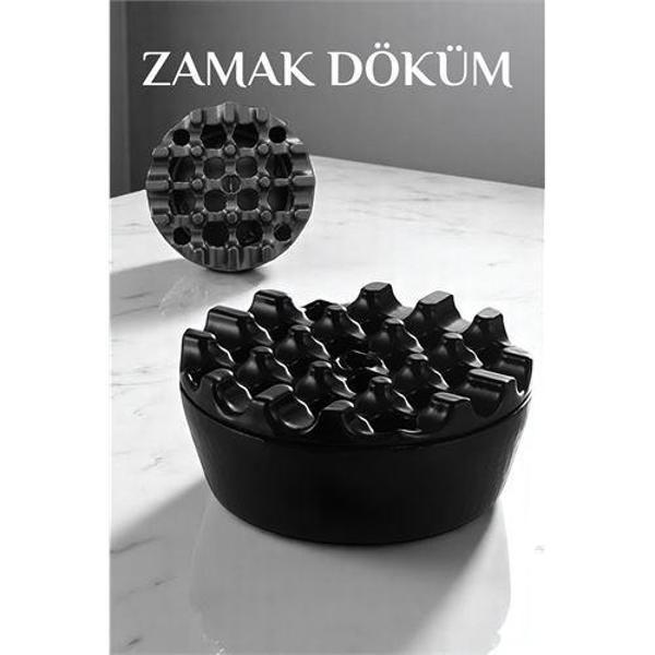 Kapaklı Zamak Döküm Yuvarlak Küllük Metal Kül Tablası - Kafe Küllüğü SİYAH - Image 1