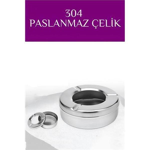 Kapaklı Paslanmaz Yuvarlak Küllük - Kapaklı 304 Çelik Kül Tablası - Kafe Küllüğü Restoran Küllüğü - Image 1