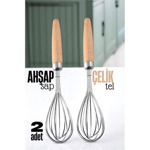 Ahşap Saplı Çelik Çırpıcı - Yumurta ve Sos Çırpıcı, Mutfak Çırpıcısı, Çırpma Teli - Image 1