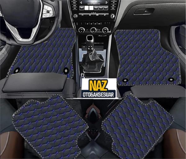 DACİA duster 2018 - 2023 Uyumlu Mavi Dikişli Siyah Deri Paspas - Image 1