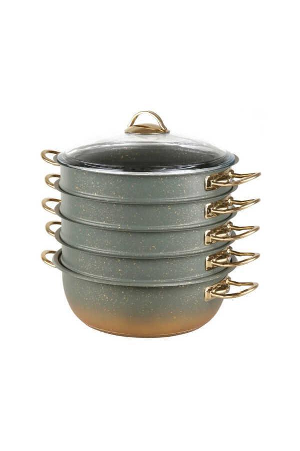 Granit Mantı Tenceresi Buharlı Pişirici 30 CM İndüksiyon Tabanlı Yeşil/Gold - Image 1