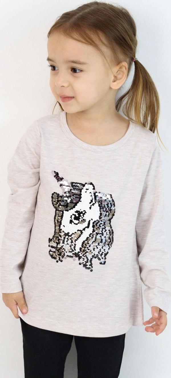Breeze Kız Çocuk Uzun Kollu Tişört Pullu Unicorn 4-8 Yaş, Bej Melanj - Image 1