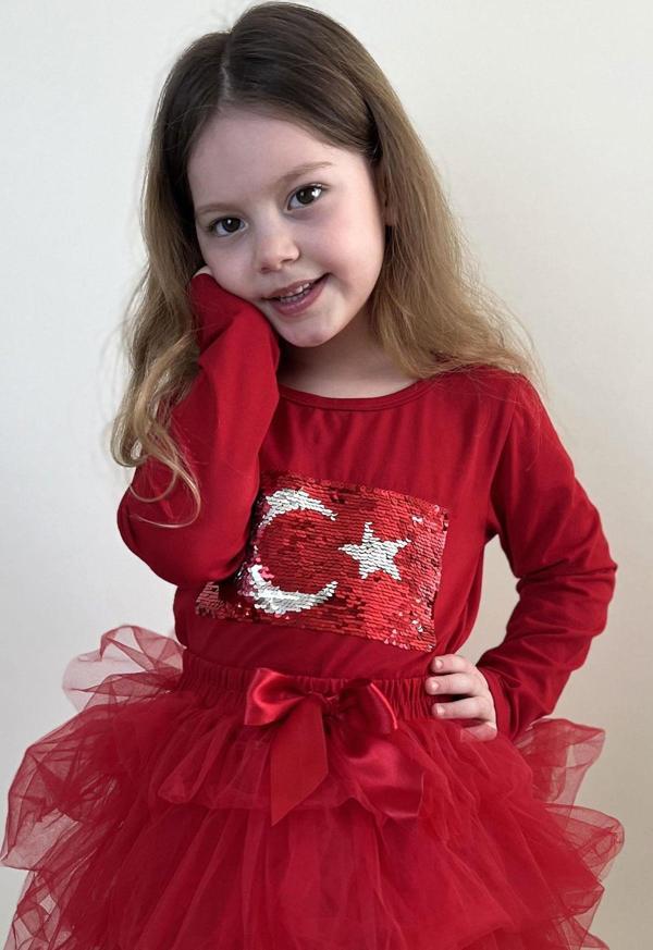 Breeze Kız Çocuk Uzun Kollu Tişört Pullu Ay Yıldız 4-14 Yaş, Kırmızı - Image 1