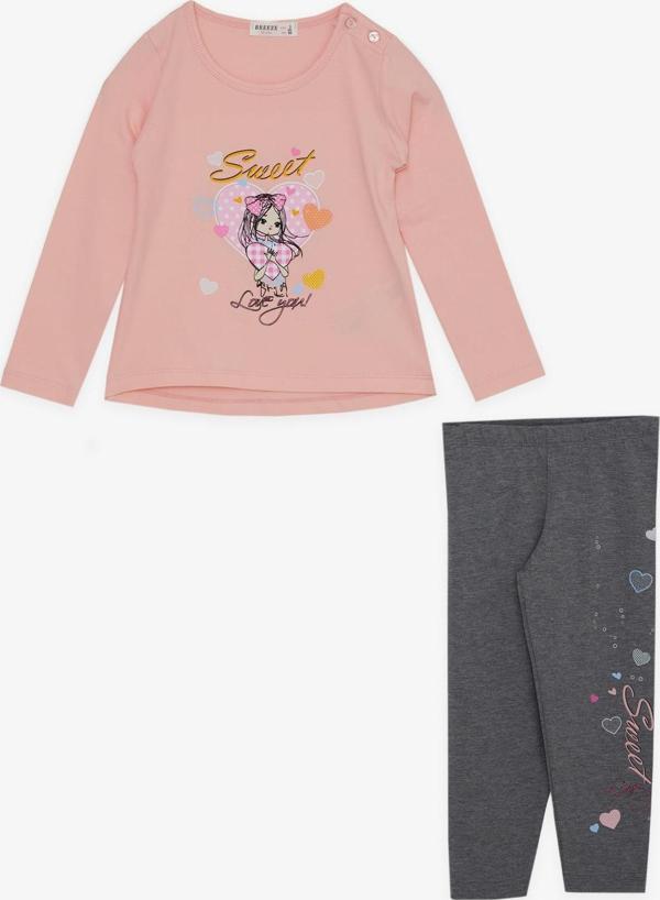 Breeze Kız Çocuk Taytlı Takım Sevimli Kız Baskılı Kalpli 2-6 Yaş, Pembe - Image 1