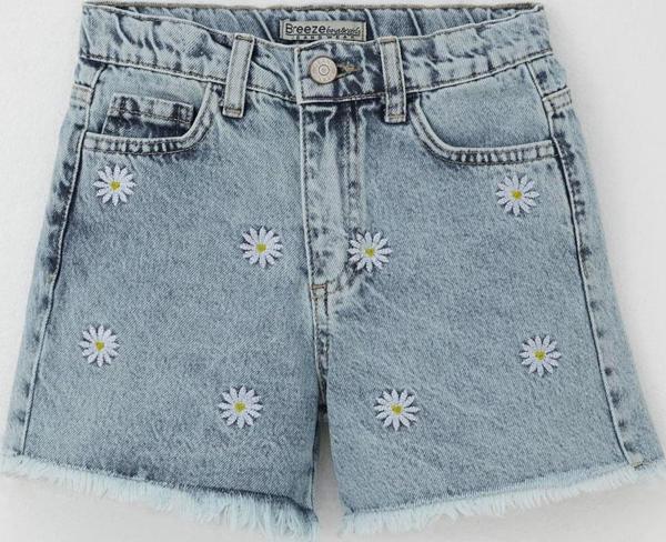 Breeze Kız Çocuk Şort Jean Papatya Nakışlı Paçası Püskül Detaylı 5-9 Yaş, Açık Mavi - Image 1