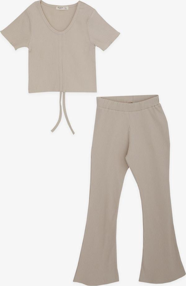 Breeze Kız Çocuk İspanyol Paça Taytlı Crop Takım 5-10 Yaş, Bej - Image 1