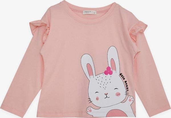 Breeze Kız Çocuk Uzun Kollu Tişört Sevimli Tavşancık Baskılı Omzu Fırfırlı 1-4 Yaş, Pembe - Image 1