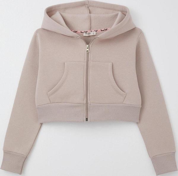 Breeze Kız Çocuk Crop Hırka Fermuarlı Kapüşonlu 8-14 Yaş, Vizon - Image 1