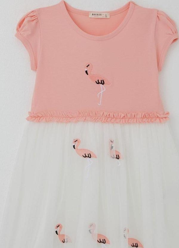 Breeze Kız Çocuk Elbise Sevimli Flamingo Nakışlı Tüllü 4-8 Yaş, Somon - Image 1