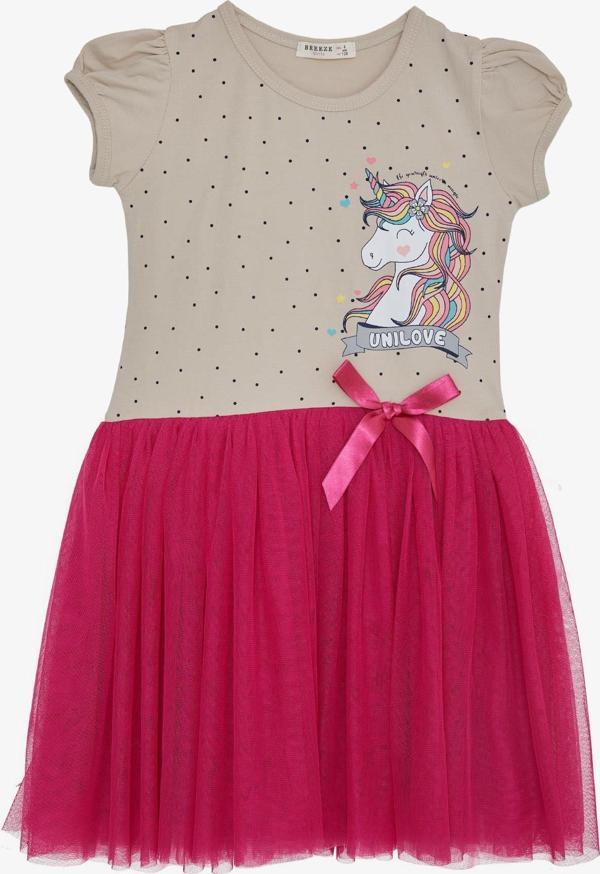 Breeze Kız Çocuk Elbise Unicorn Baskılı Tüllü Fiyonklu 3-8 Yaş, Bej - Image 1
