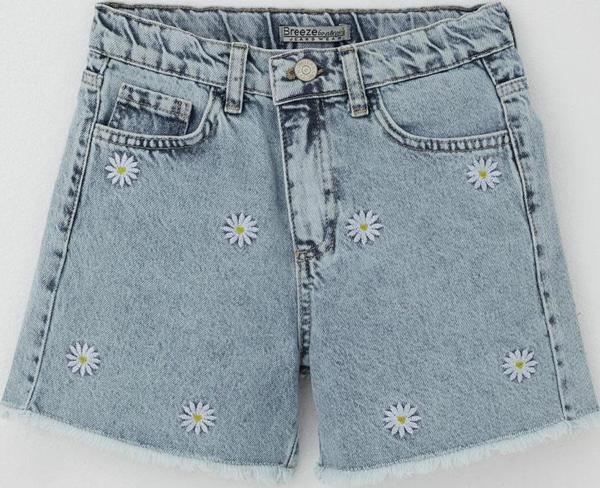 Breeze Kız Çocuk Şort Jean Papatya Nakışlı Paçası Püskül Detaylı 10-14 Yaş, Açık Mavi - Image 1