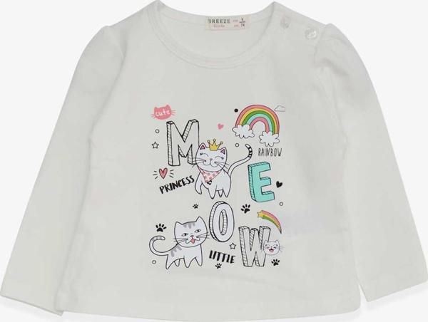 Breeze Kız Bebek Uzun Kollu Tişört Kedicik Baskılı 9 Ay-3 Yaş, Ekru - Image 1