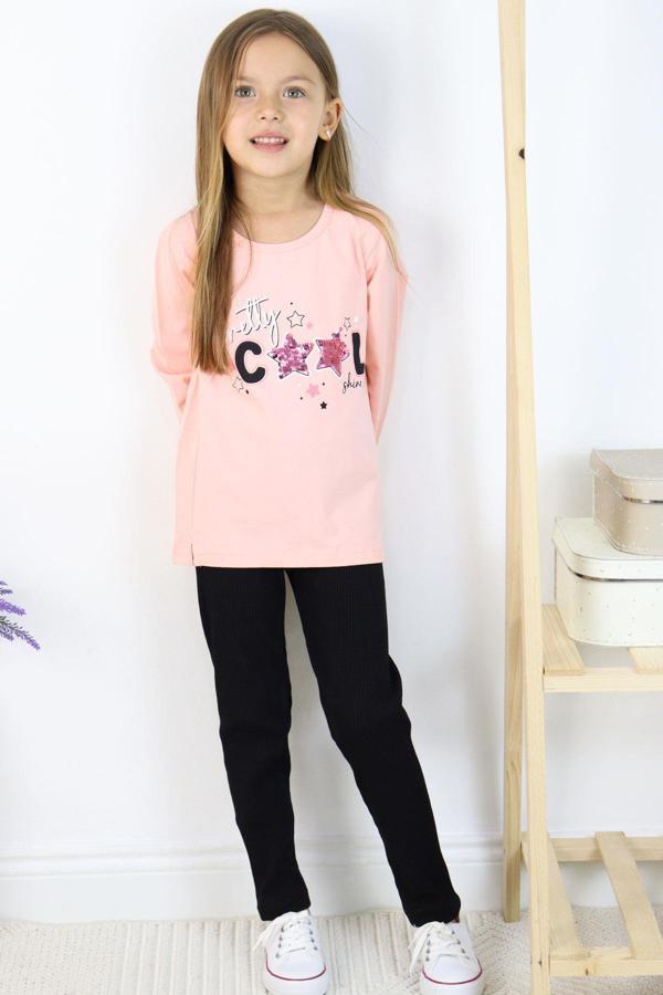Breeze Kız Çocuk Taytlı Takım Coll Yazı Baskılı Pullu 3-8 Yaş, Somon - Image 1