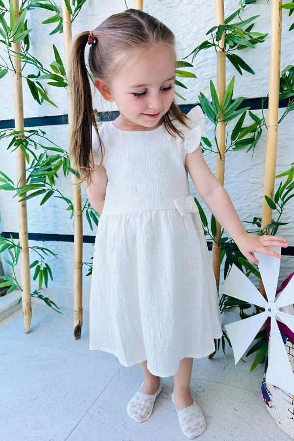 Breeze Kız Çocuk Elbise Fiyonklu Kolları Fırfırlı 3-7 Yaş, Ekru - Image 1