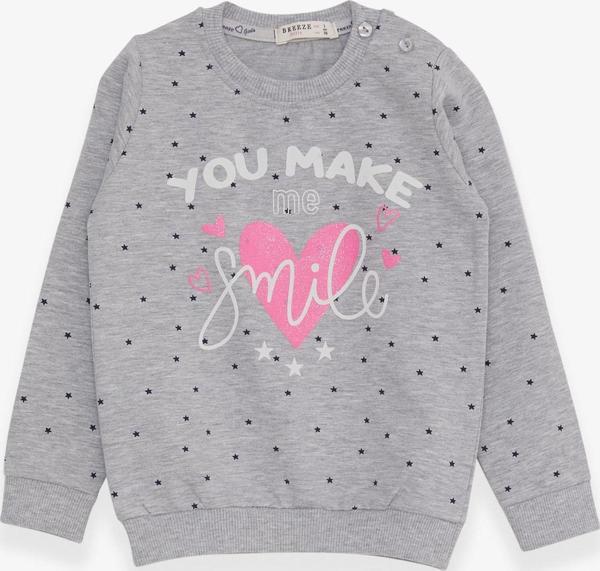 Breeze Kız Çocuk Sweatshirt Simli Kalp Baskılı 2-6 Yaş, Gri Melanj - Image 1