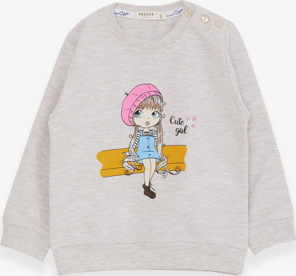 Breeze Kız Çocuk Sweatshirt Sevimli Kız Baskılı 1.5-5 Yaş, Bej Melanj - Image 1