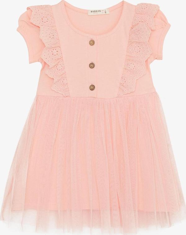 Breeze Kız Çocuk Elbise Güpür Nakışlı Düğmeli 1.5-5 Yaş, Somon - Image 1