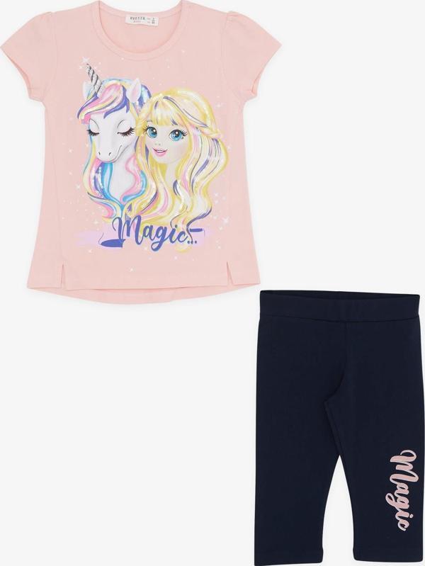 Breeze Kız Çocuk Kapri Taytlı Takım Unicorn Baskılı 3-8 Yaş, Somon - Image 1