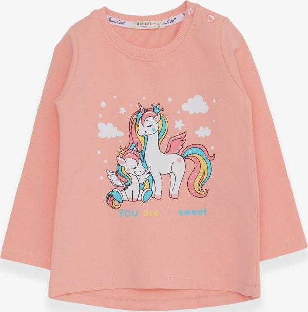 Breeze Kız Çocuk Sweatshirt Sevimli Unicorn Baskılı 1-4 Yaş, Somon - Image 1