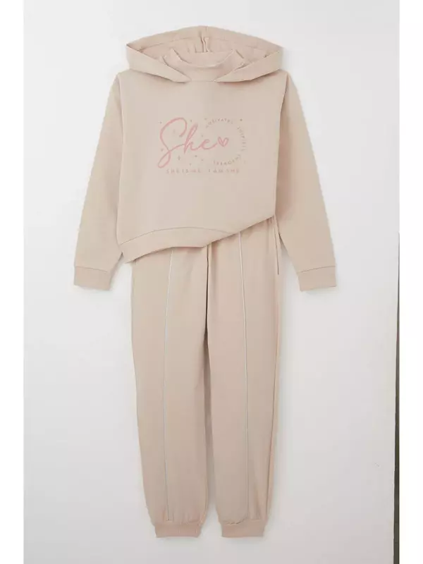 Breeze Kız Çoçuk Eşofman Takım Balıkçı Yaka Kapüşonlu 8-14 Yaş, Bej - Image 1