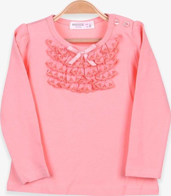 Breeze Kız Bebek Uzun Kollu Tişört Güpürlü Fiyonklu 6 Ay-8 Yaş, Somon - Image 1