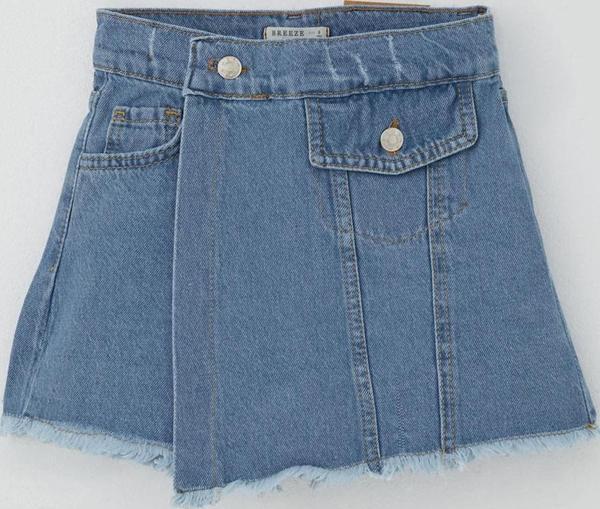 Breeze Kız Çocuk Jean Şort Etek Cep Detaylı Düğmeli Püsküllü 4-10 Yaş, Mavi - Image 1