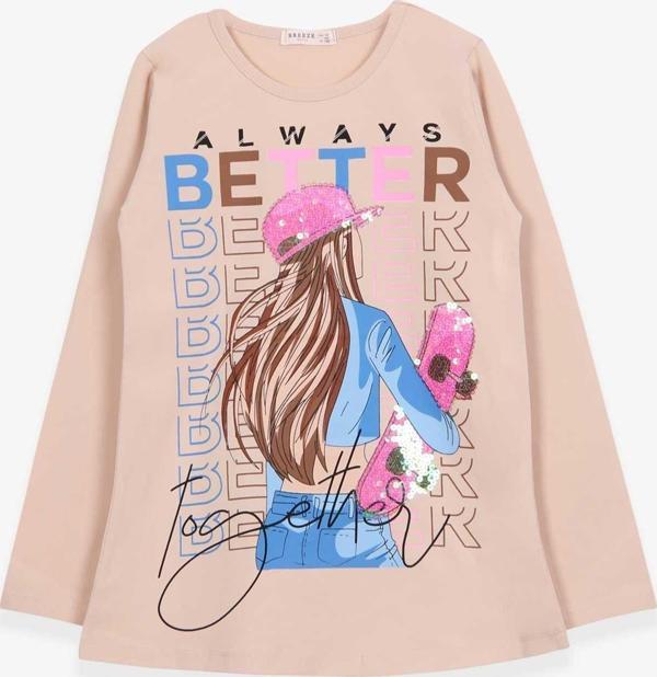 Breeze Kız Çocuk Uzun Kollu Tişört Kaykaycı Kız Baskılı 10-16 Yaş, Krem - Image 1