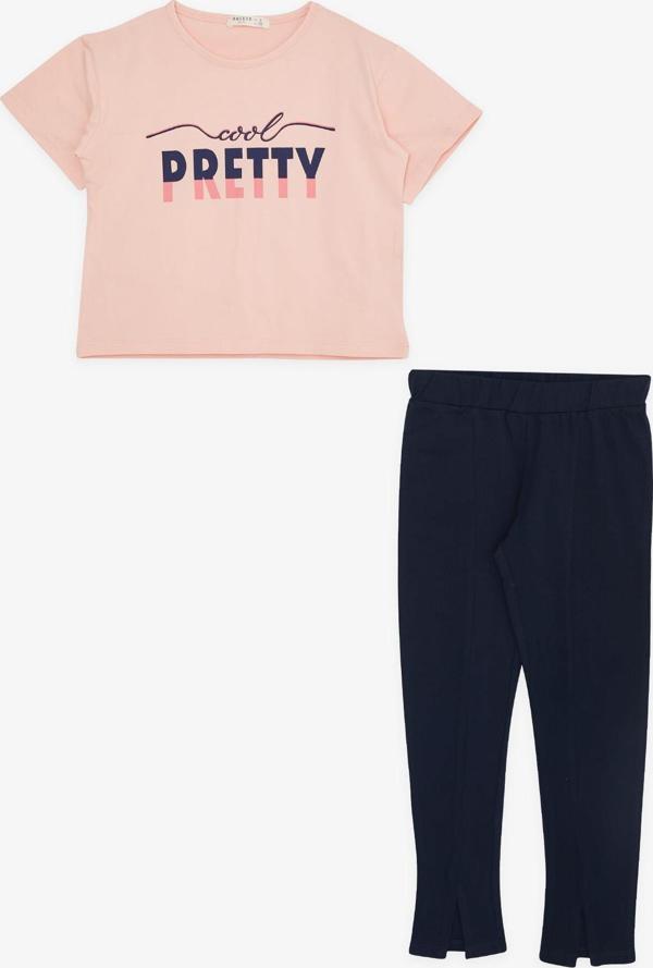 Breeze Kız Çocuk Taytlı Crop Takım Yazı Baskılı Paçası Yırtmaçlı 5-10 Yaş, Somon - Image 1