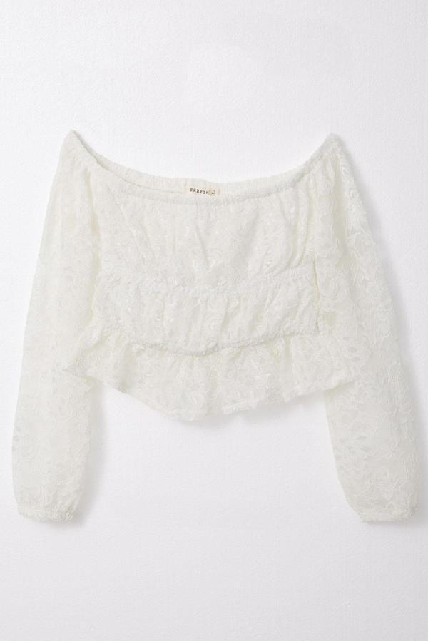 Breeze Kız Çocuk Uzun Kollu Dantelli Crop Bluz 9-14 Yaş, Ekru - Image 1