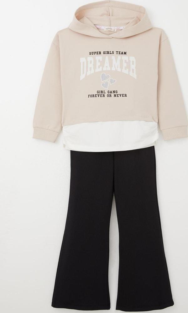 Breeze Kız Çocuk Pantolonlu Takım Yazı Baskılı Kapüşonlu 5-10 Yaş, Bej - Image 1
