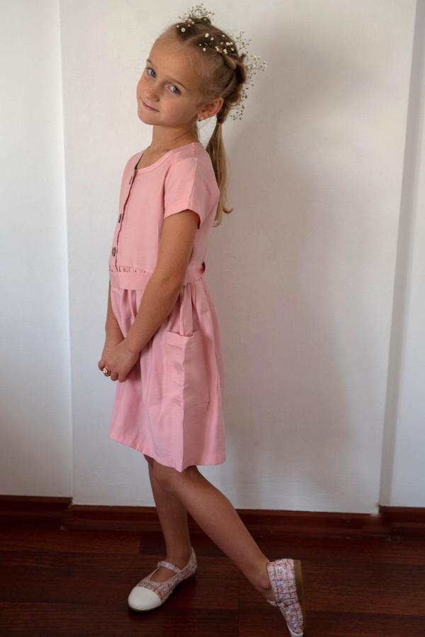 Breeze Kız Çocuk Keten Elbise Düğmeli Yanları Cepli 6-12 Yaş, Pembe - Image 1