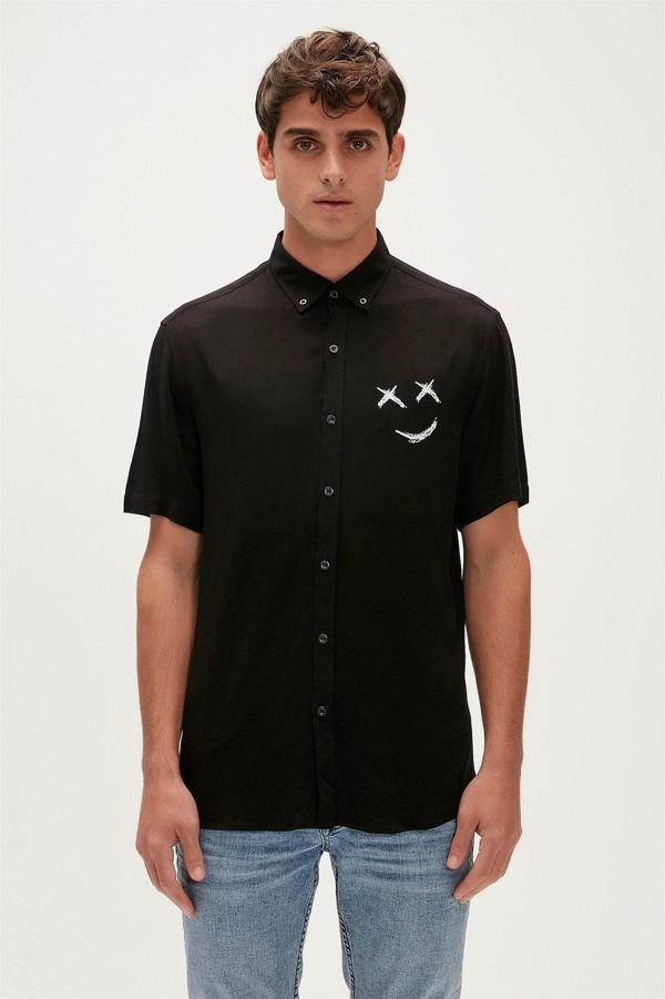 Smile Shirt Siyah Kısa Kollu Baskılı Erkek Gömlek - Image 1