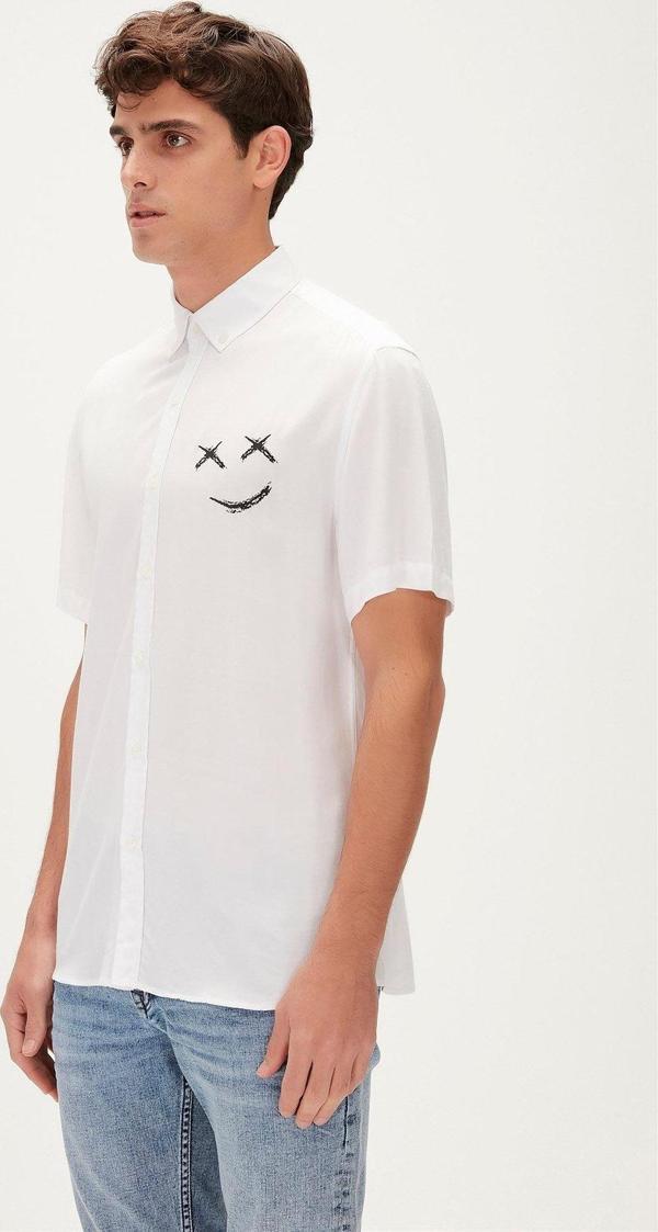Smile Shirt Off-White Beyaz Kısa Kollu Baskılı Erkek Gömlek - Image 1