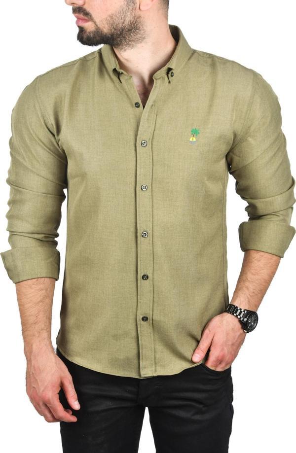 DeepSEA Erkek Haki Slim Fit Dar Kesim Keten Gömlek Pamuklu Spor Gömlek 2501305 - Image 1