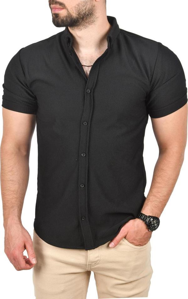 DeepSEA Erkek Siyah Slim Fit Pamuklu Spor Gömlek Likralı Dar Kesim Jakar Kumaş Kısa Kol Gömlek 2501210 - Image 1