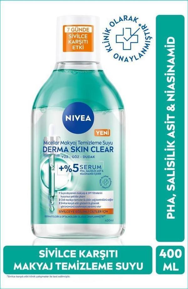 Micellar Makyaj Temizleme Suyu Derma Skin Clear 400 ml, Sivilce Karşıtı,Niasinamid,Salisilik Asit,PHA - Image 1