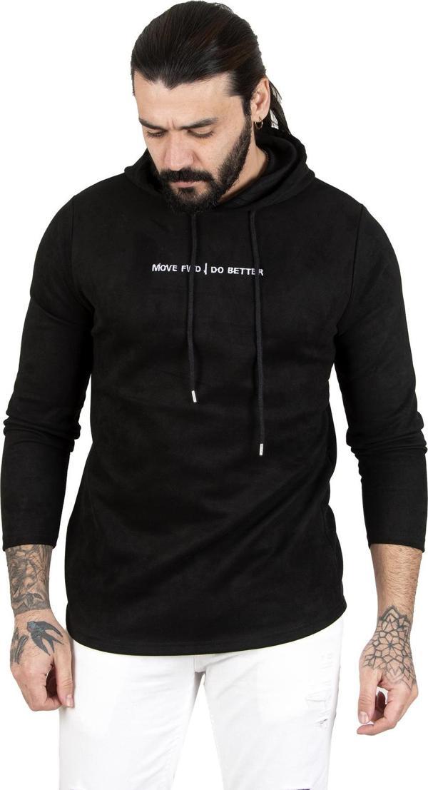 DeepSEA Erkek Siyah Önü Move Nakışlı Kapüşonlu Yeni Sezon Kadife Sweatshirt 2303083 - Image 1