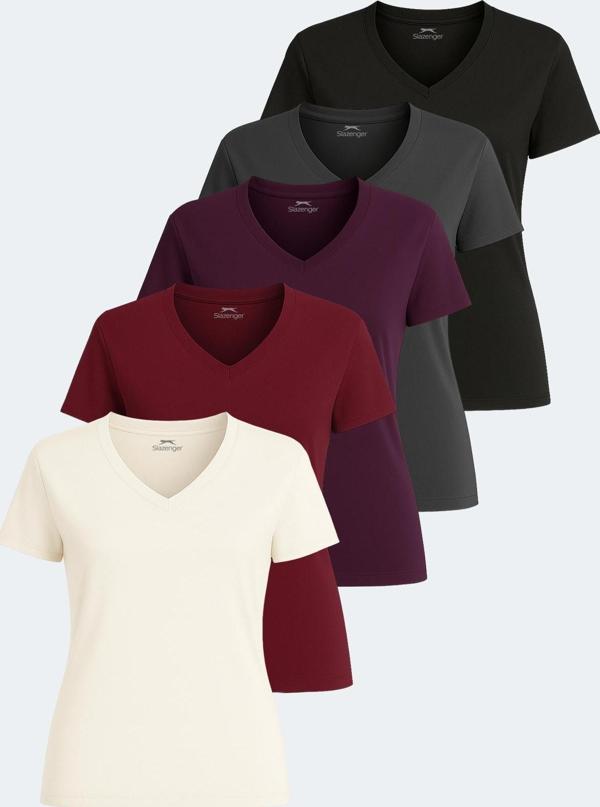 Slazenger PERICAS 5 li Set Kadın Tişört Ekru - Koyu Gri - Siyah - Mürdüm - Bordo - Image 1