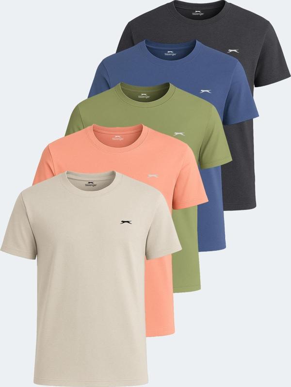 Slazenger KRATER 5 li Set Erkek Tişört Somon - Koyu Gri - Indigo - Bej - Açık Yeşil - Image 1