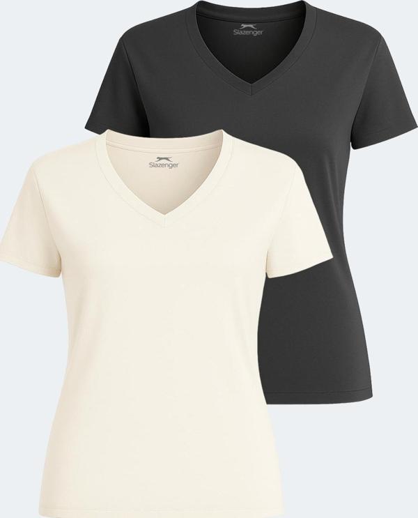 Slazenger PERICAS 2 li Set Kadın Tişört Ekru - Koyu Gri - Image 1
