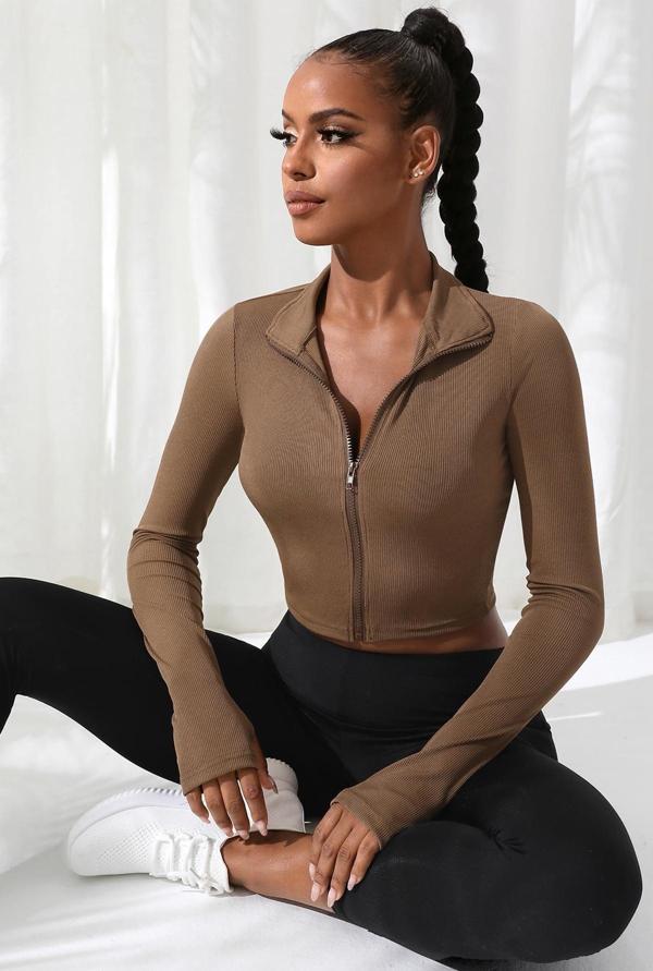 Kadın Kahverengi Uzun Kol Fermuarlı Parmak Geçme Detaylı Dik Yaka Crop Top Bluz - Image 1