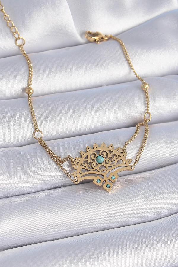 Celira Çelik Gold Renk Mavi Taşlı Etnik Desen Kadın Bileklik - Image 1