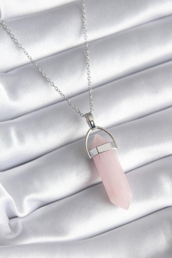Celira Çelik Gümüş Renk Pembe Taşlı Kadın Kolye - Image 1