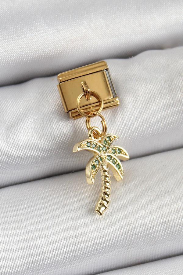 Celira Çelik Sallantılı Zirkon Taşlı Palmiye Ağacı Model Gold Renk Nomination Charm - Image 1